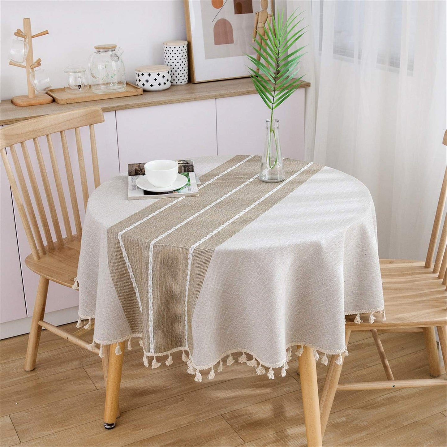 Heavy Weight Cotton Linen Tablecloth - Round 60 Inch Tablecloth - Tassel Stitching Table Cover for Kitchen Dining Room Tabletop Decoration - Beige