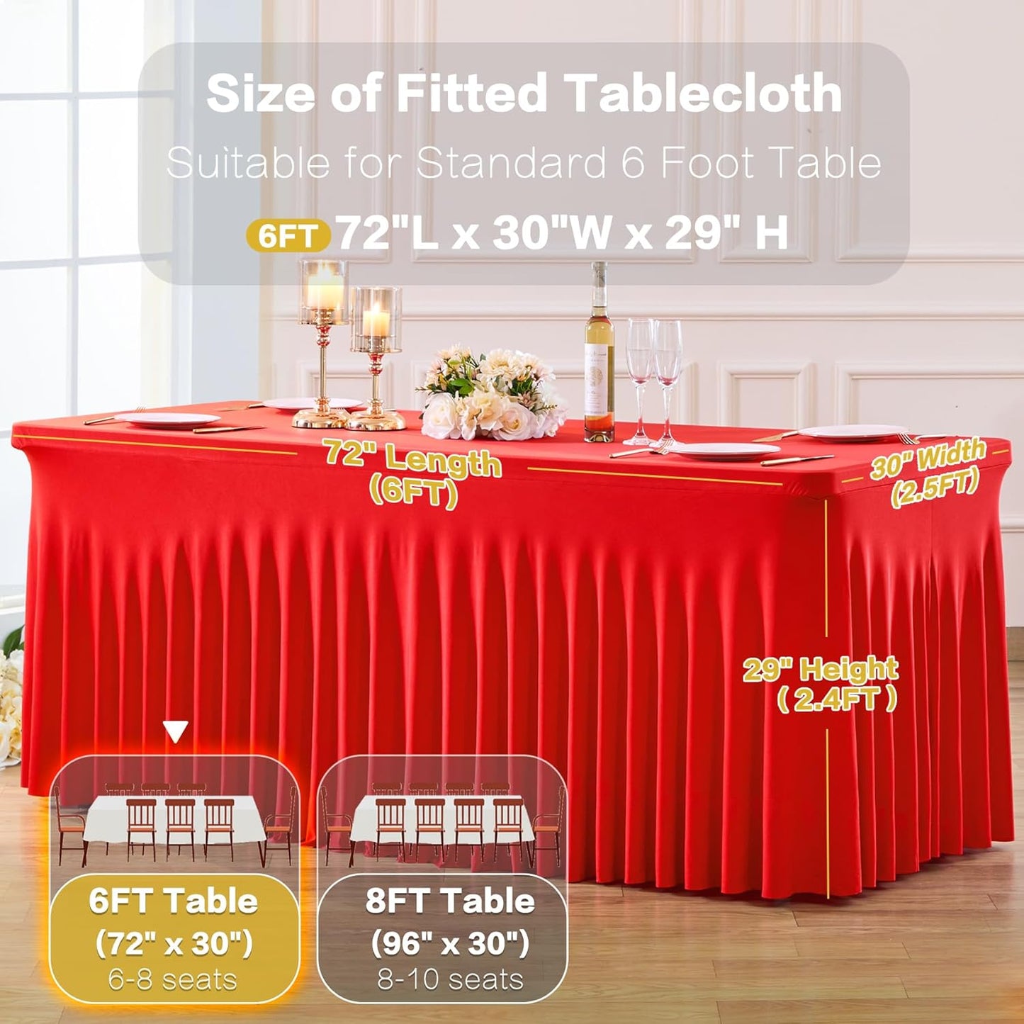 Gogoparti 2 Pack Red Spandex Fitted Table Cloth for 6ft Rectangle Tables, 72" x 30", Stretchable, Wrinkle Free, Machine Washable