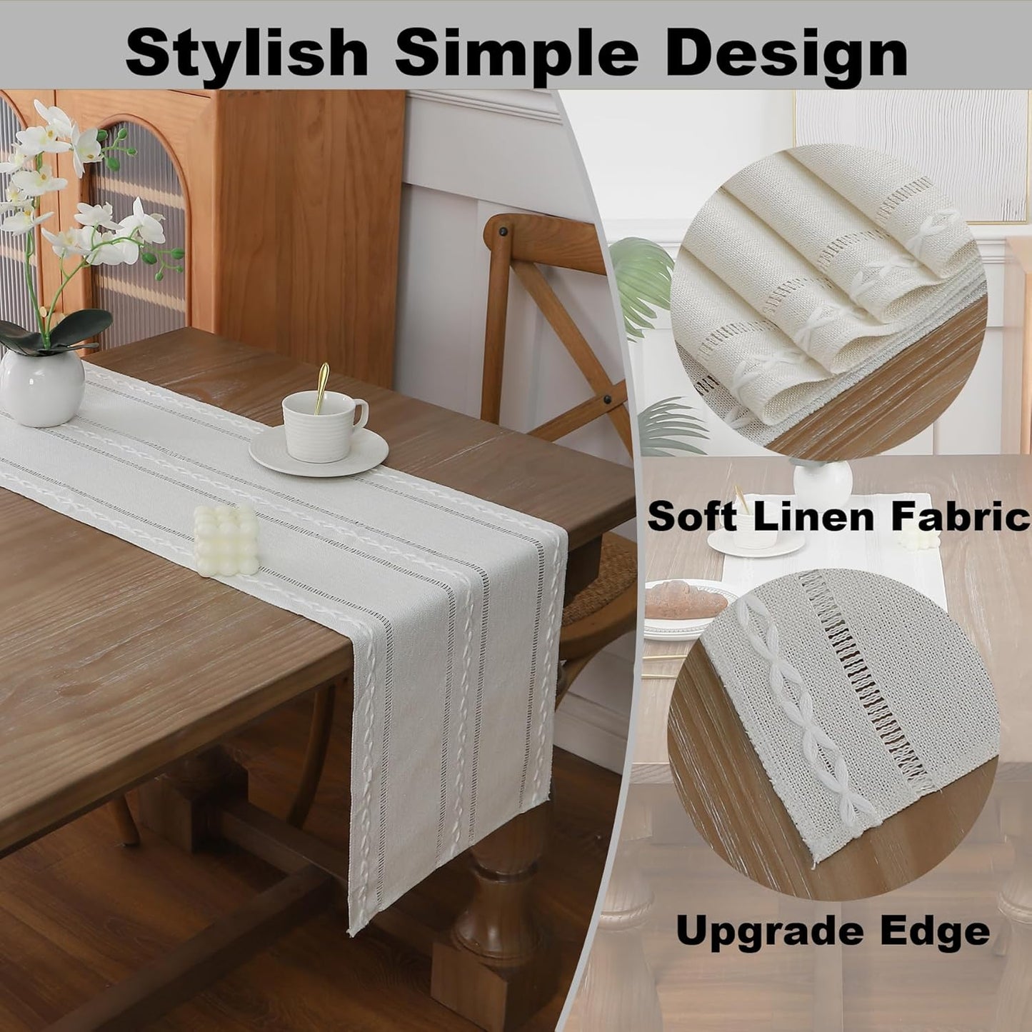 Gernaice Boho Table Runner, Rustic Cotton Linen Farmhouse Table Runners for Holiday Wedding Dining Living Room Bedroom Home Decor, 90" L X 13" W Ivory