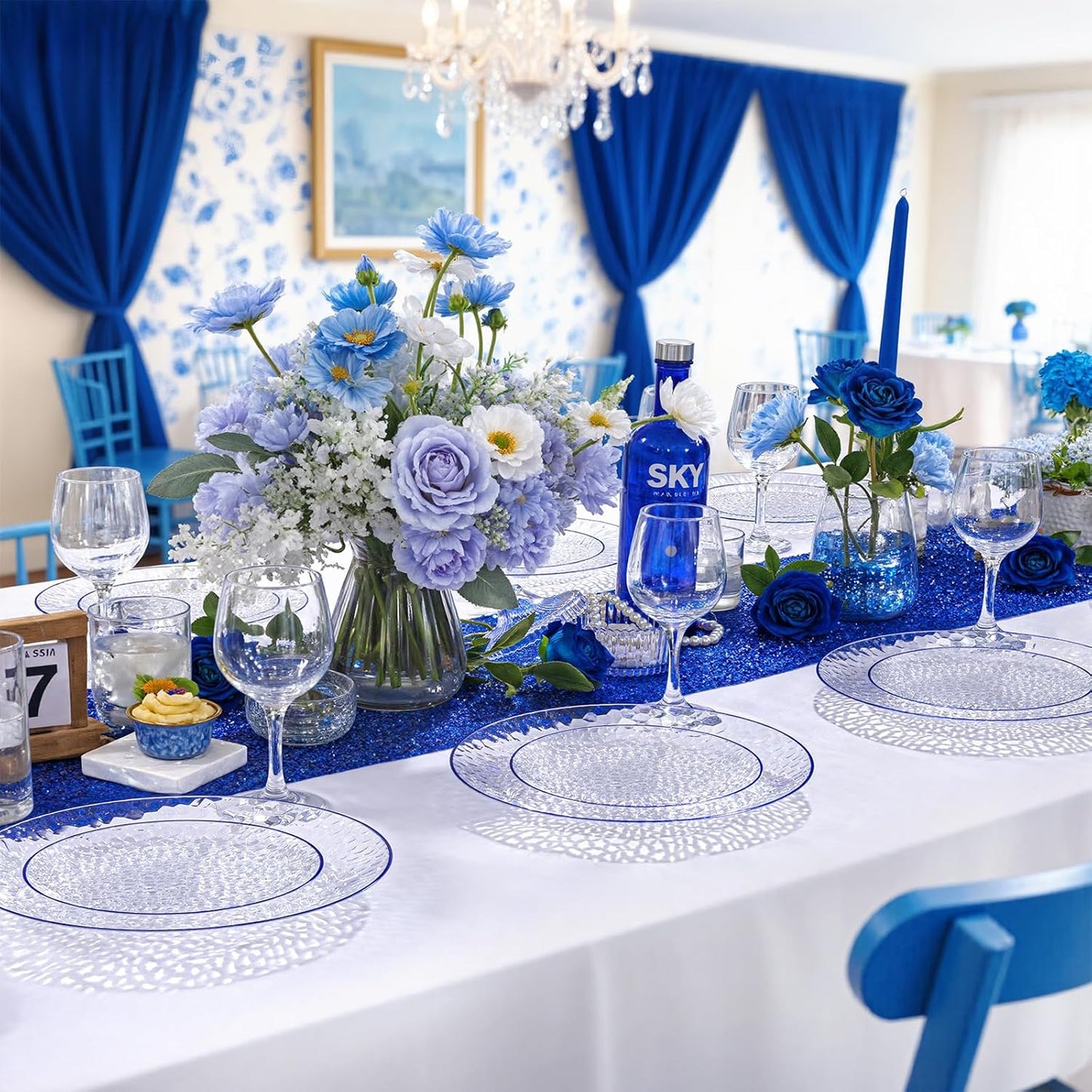 Rubtlamp 60Pcs Blue Plastic Plates, Clear Disposable Plates With Blue Rim, Heavy Duty Fancy Party Plates, Hammered Disposable Plates Include 30 Dinner Plates, 30 Dessert Plates For Wedding
