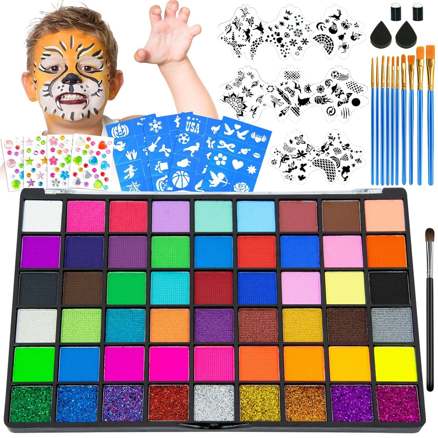 Professional Face Painting Kit for Kids – 54 Color Water Activated Facepaint Makeup Kit, Non-Toxic face Paint with Stencils, Gems, Brushes– for Halloween, Parties, Carnival, School Event & Festivals