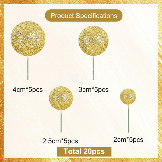 BEISHIDA 20 PCS Gold Glitter Bling Mini Ball Cake Toppers Foam Cake Balls Decoration Supplies for Happy Birthday Anniversary Wedding Baby Shower Graduation Christmas Cake Decorations