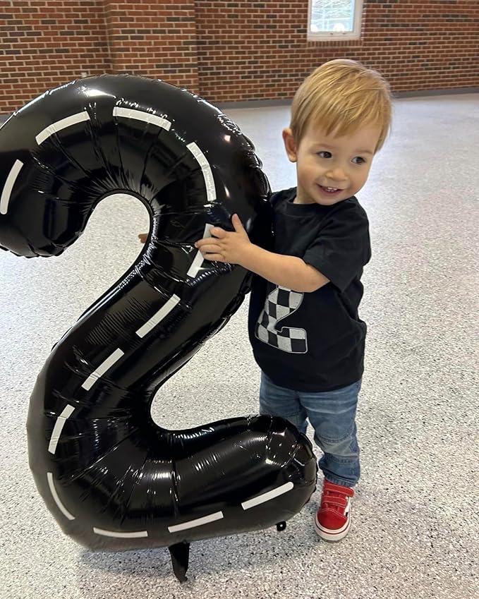 Race Car 2 Balloon, Two Number Balloons 40 Inch, 2nd Black Balloon Number Birthday Decorations, Second Two Birthday Party Supplies, Number 2 Balloon