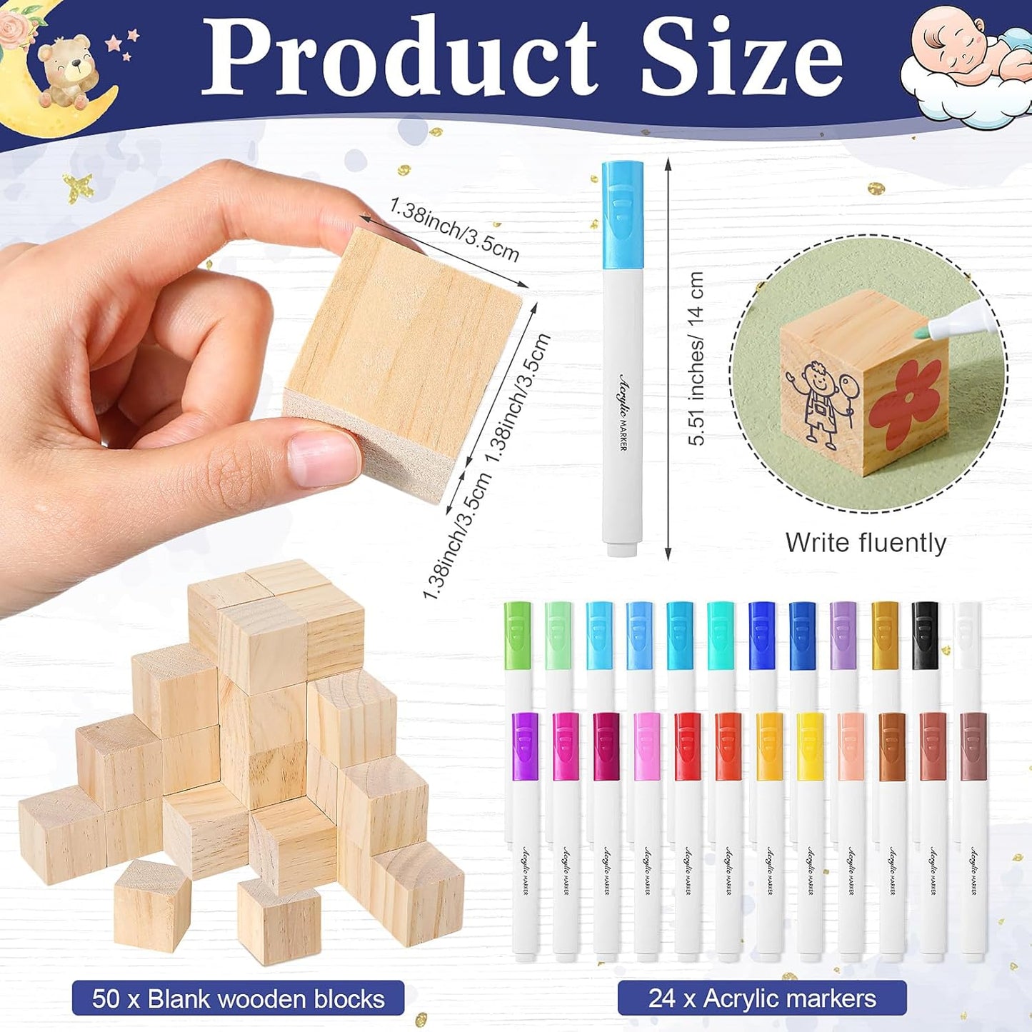 Tatuo 75 Pcs Baby Shower Games Sign Kit Including Decorate a Block Game Sign 50 DIY Wooden Block 24 Acrylic Paint Marker Baby Shower Prize for Gender Reveal Party(Sky)
