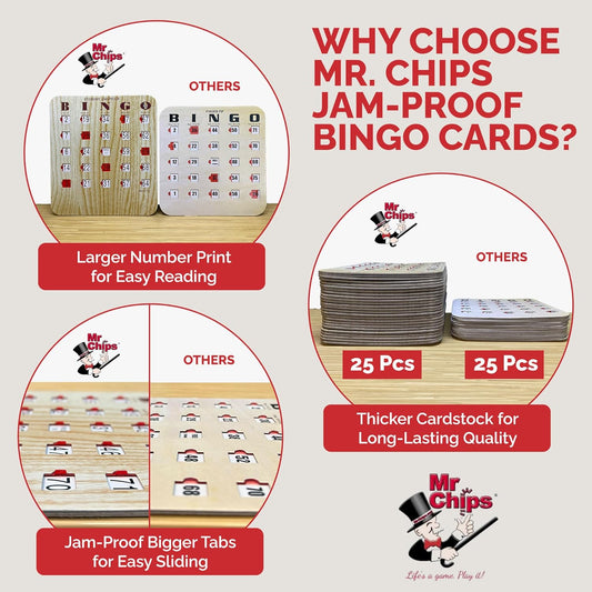 MR CHIPS Jam-Proof Fingertip Slide Bingo Cards with Sliding Windows 50 Pack in Tan Style