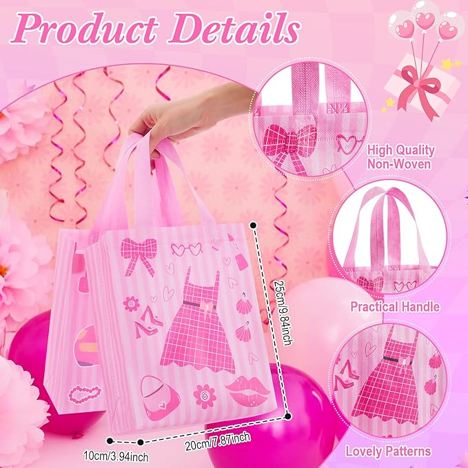 Wesnoy 24 Pcs Pink Party Favor Bags with Handle Hot Pink Reusable Non Woven Goodie Bags Bulk Princess Party Favors for Bachelorette Birthday Decoration