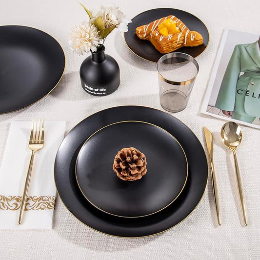 EI 350Pcs Black and Gold Matte Frosted Plastic Plates Disposable Heavy Duty,Dinnerware Set for Party Include 100 Disposable Plates,150 Silverware,50 Napkins,50 Cups for Party/Wedding/Events,Hotel
