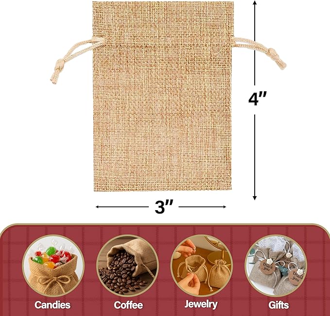 Mandala Crafts 3X4 Inch Plain Burlap Drawstring Gift Bags for Favors - 20 Mini Linen Sacks Gift Pouches for Candy, Jewelry, Wedding, and Party Supplies