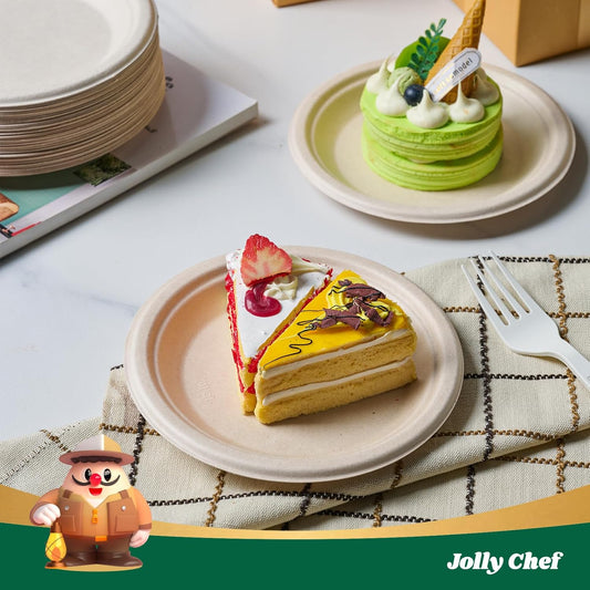 JOLLY CHEF 100% Compostable Small Paper Plates, 200 Pack 6 Inch Heavy Duty Dessert Plates, Disposable Biodegradable Eco-Friendly Sugarcane, Bulk Nature