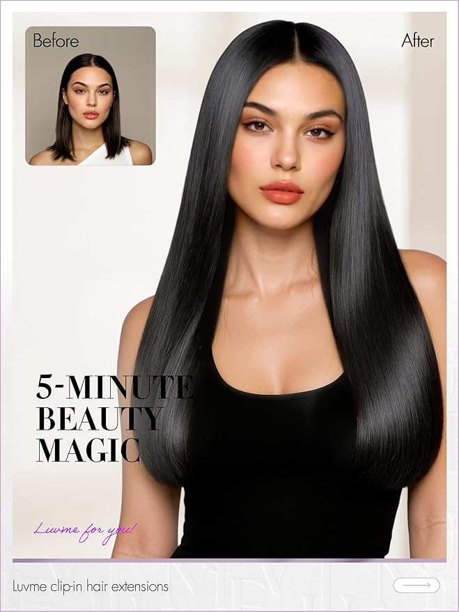 LUVME Straight Seamless 70g 4Pcs Clip in Hair Extensions Full Max with 26inch Remy Human Hair Clip ins Extensions, Natural Black 100% Real Soft Hair