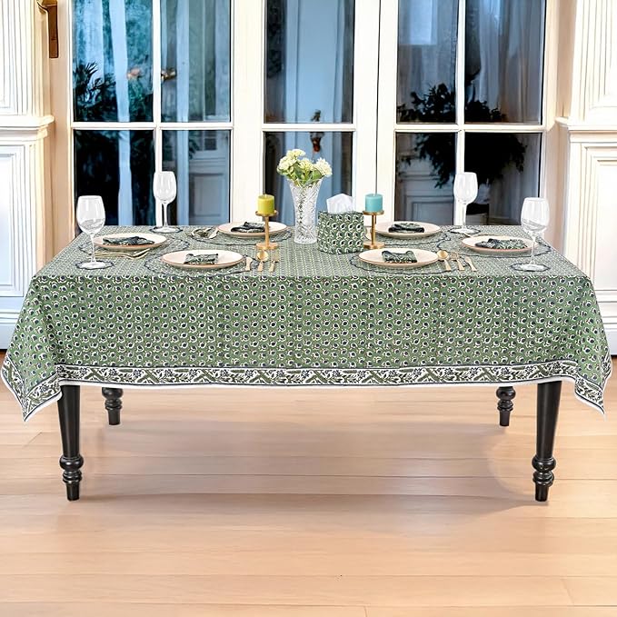 Ridhi Hand Block Print Basil Green Rectangle Cotton Tablecloth 140" x 72" Reusable Table Cover Decorative Everyday Use for Dining, Farmhouse, Home Gift for Spring, Easter, Valentine