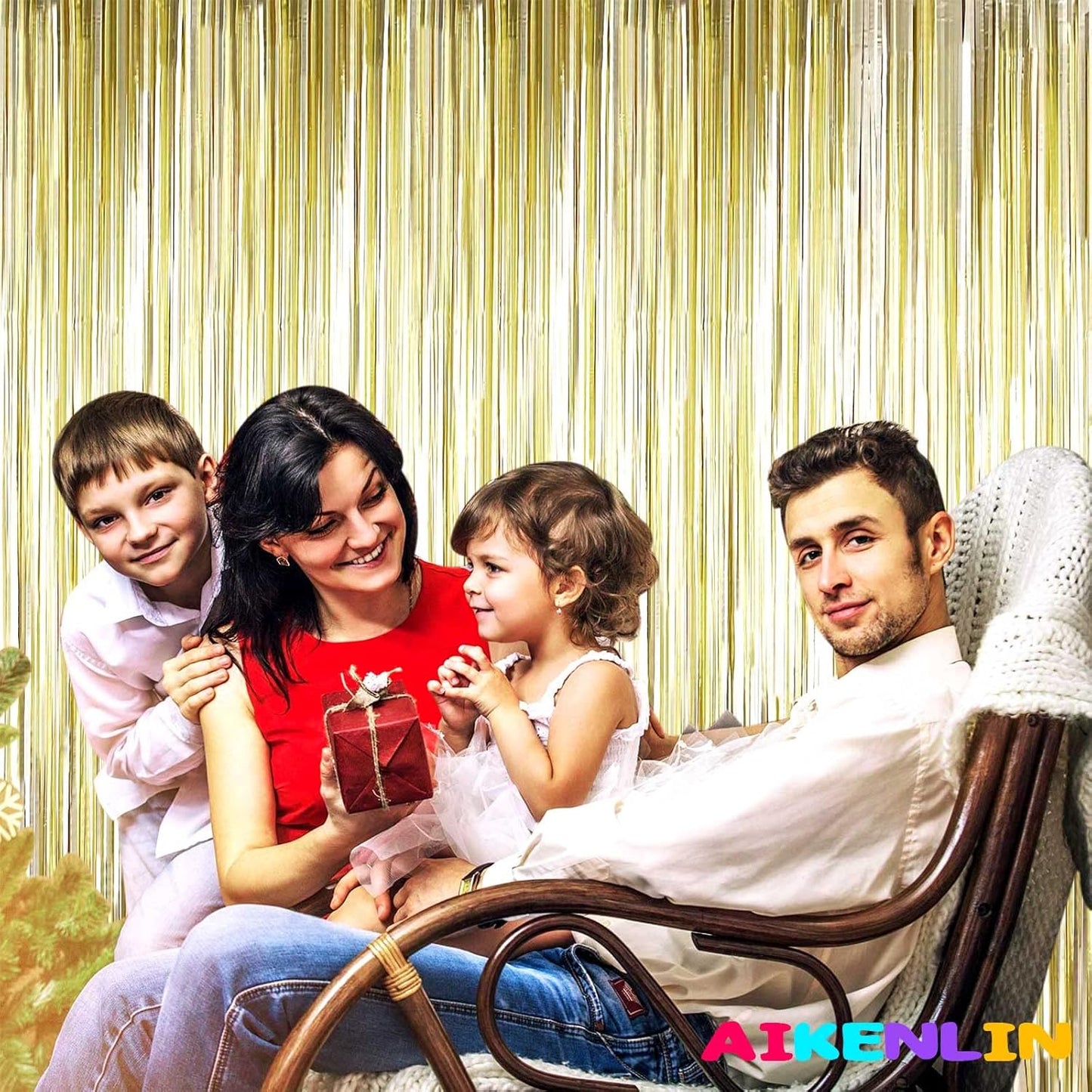 4 Pack 3.3Ft x 6.6Ft Light Gold Foil Fringe Curtain Backdrop, Metallic Tinsel Foil Fringe Streamers Curtains Background for Photo Booth, Birthday, Wedding, Halloween, Christmas Party Decoration