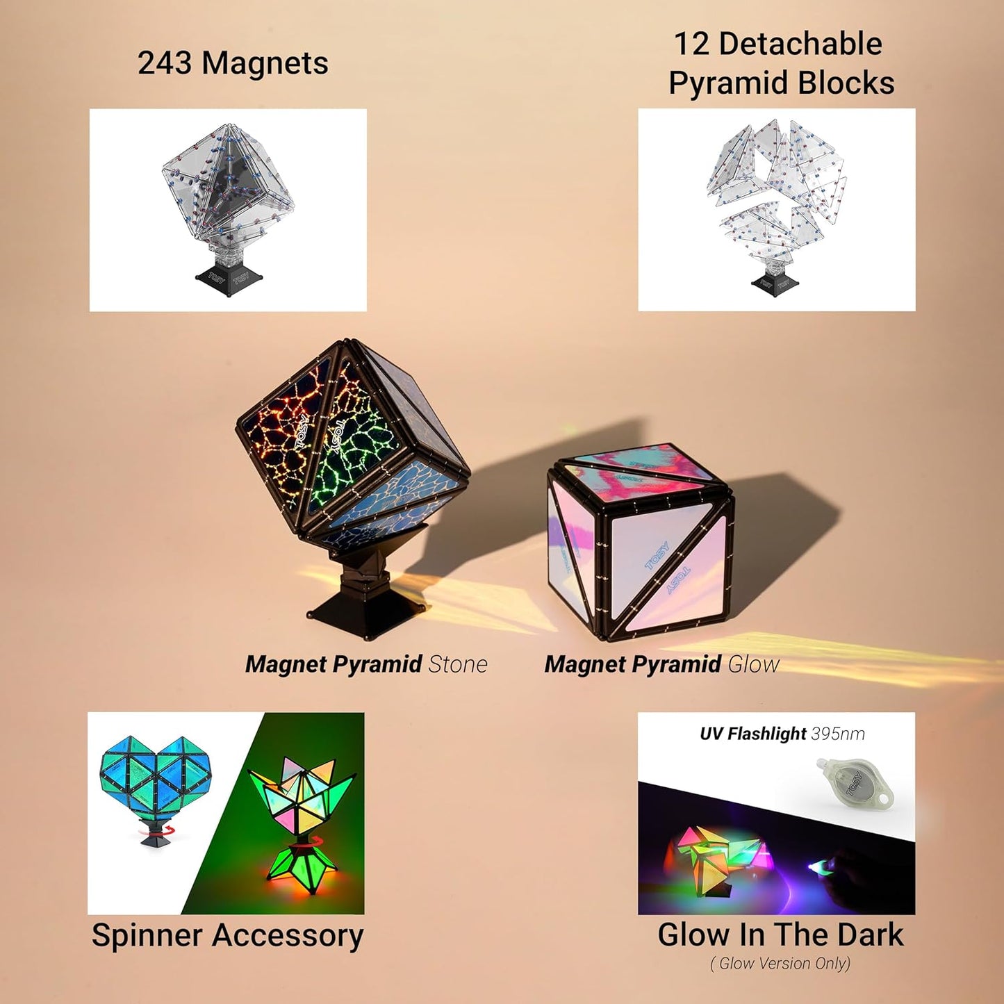 TOSY Magnet Pyramid Glow - 1 Cube Transforms into 1 Billion Shapes, 12 Pieces, 243 Rare Earth Magnets, Glowing, Holographic Design Magnet Tiles Creative Puzzle STEM/STEAM Toy