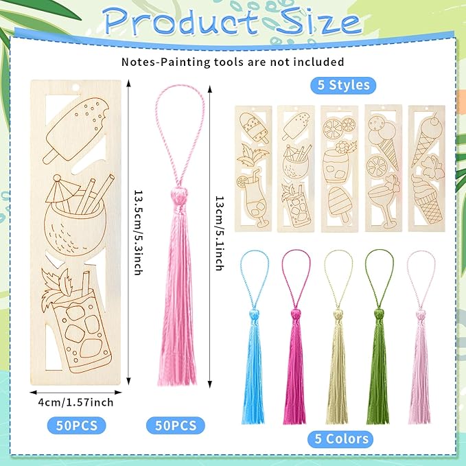 Yexiya 100 Pcs Bulk Summer Ice Cream DIY Bookmarks Kit - 50 Set Unfinished Wood Crafts with Tassels for Classroom Rewards, Student End of Year Gifts, Summer Camp & Luau Party Favors