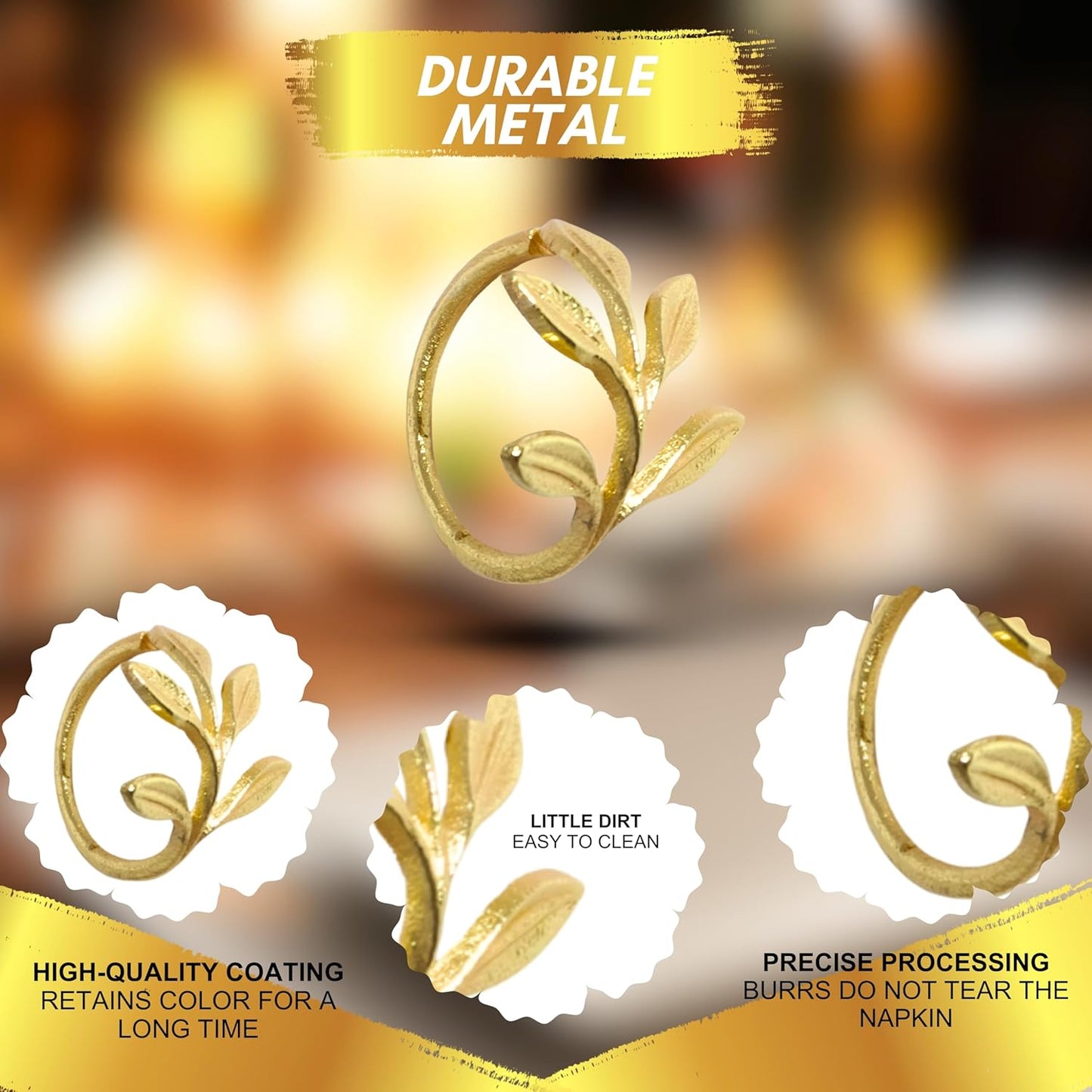 Golden Leaf Napkin Rings - Set of 6 - Elegant and Versatile Table Décor 5Inchx5Inch Nam0017