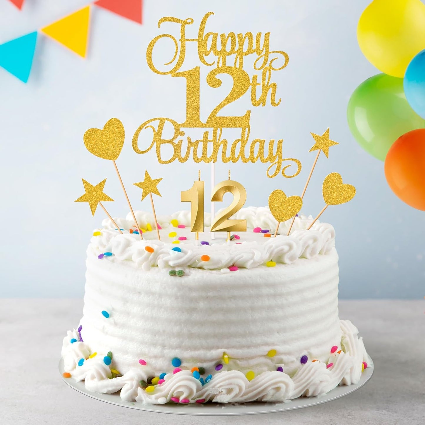 12th Birthday Cake Decorations, 12th Birthday Candles Cake Numeral Candles and Glitter Happy 12th Birthday Cake Toppers Set for Birthday Party Supplies (Gold)
