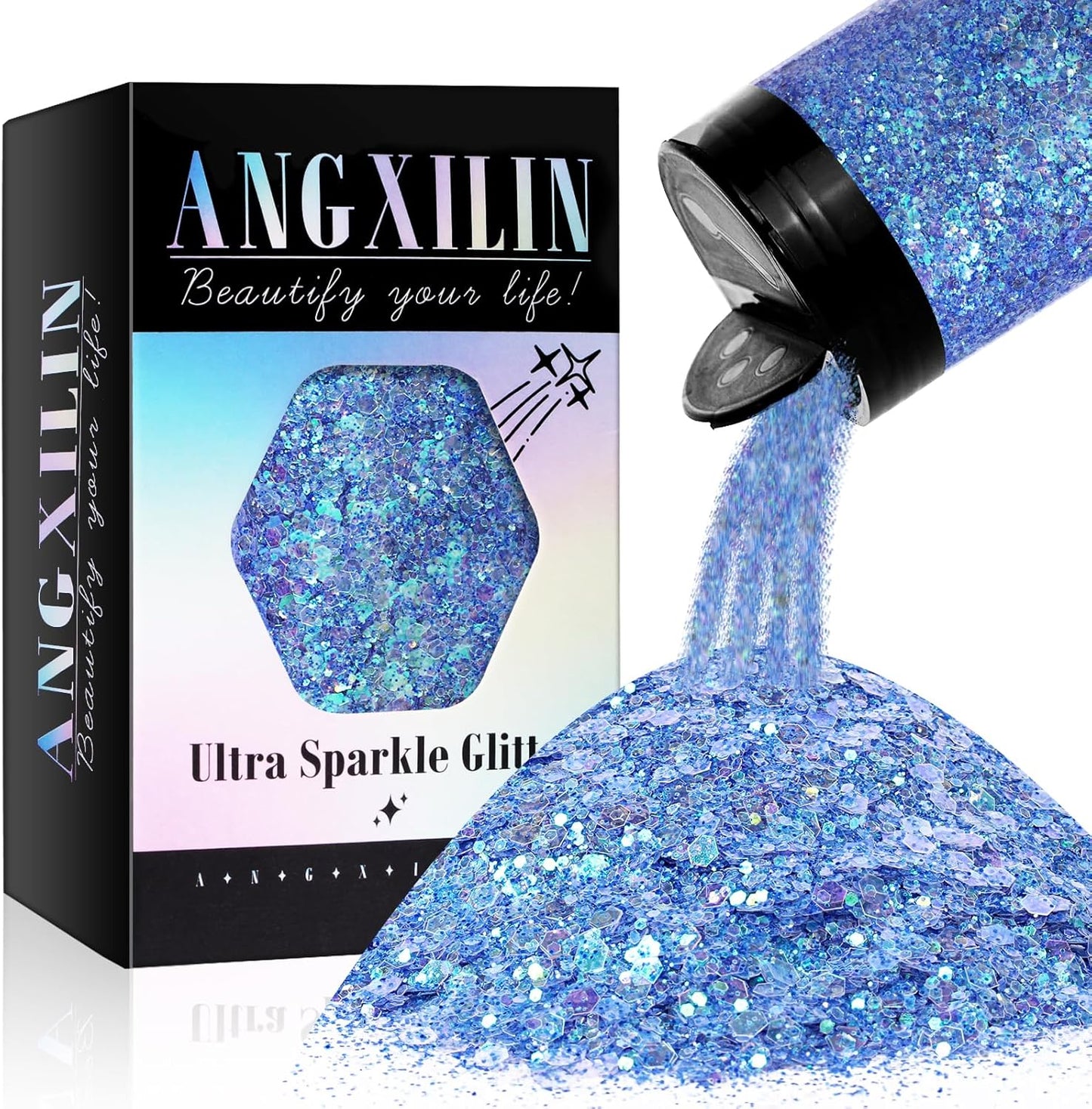 Holographic Chunky and Fine Mixed Glitter, 190g/6.7oz Bulk Laser Sequin Glitter for Face, Body, Nail Art, Epoxy Resin Tumbler Jewelry Making - IRI Diamond Blue