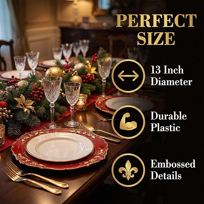 Red Charger Plates, 13 Inch Embossed Chargers for Dinner Plates. Plastic Charger for Wedding, Party. (Set of 6)