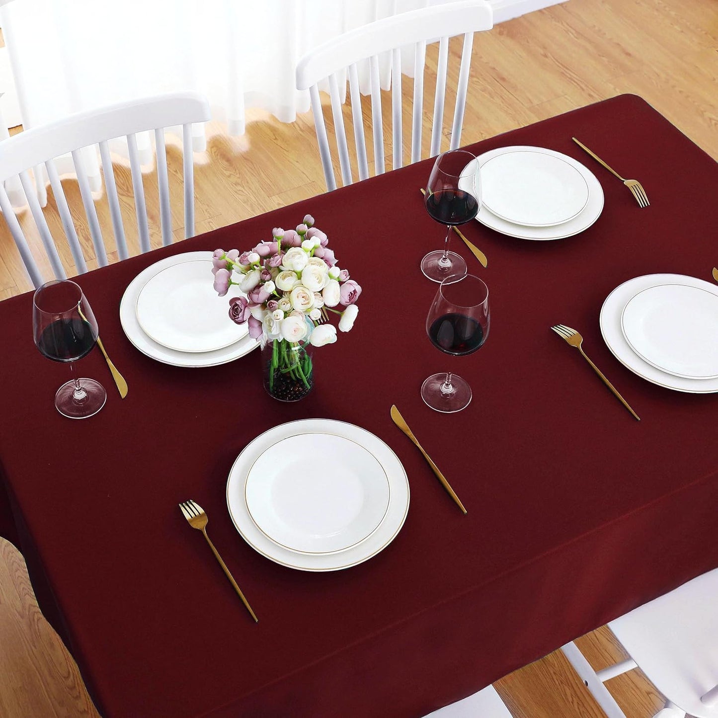 FOLINS&HOME Burgundy Rectangle Tablecloth - 90 x 132 Wrinkle Free Waterproof Polyester Table Cloths, Spillproof Heavy Duty Washable Table Cover for Party, Banquet, Wedding, Indoor - Rectangular/Oblong