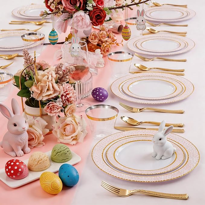 Ciaell 150PCS Pink Plastic Plates – Disposable Pink and Gold Plates Set include 50Plates, 25Forks, 25Knives, 25Spoons, 25Cups for Wedding & Party & Easter