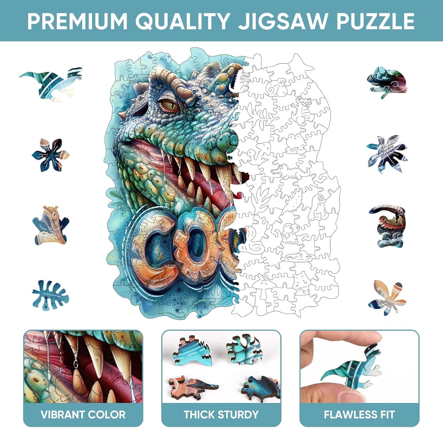 Reouinty Wooden Puzzles for Adults, Cool Crocodile Jigsaw Puzzles 200 Pieces Animal Unique Shaped Wood Cut Puzzle Gifts for Adults and Kids, Family Puzzle Games