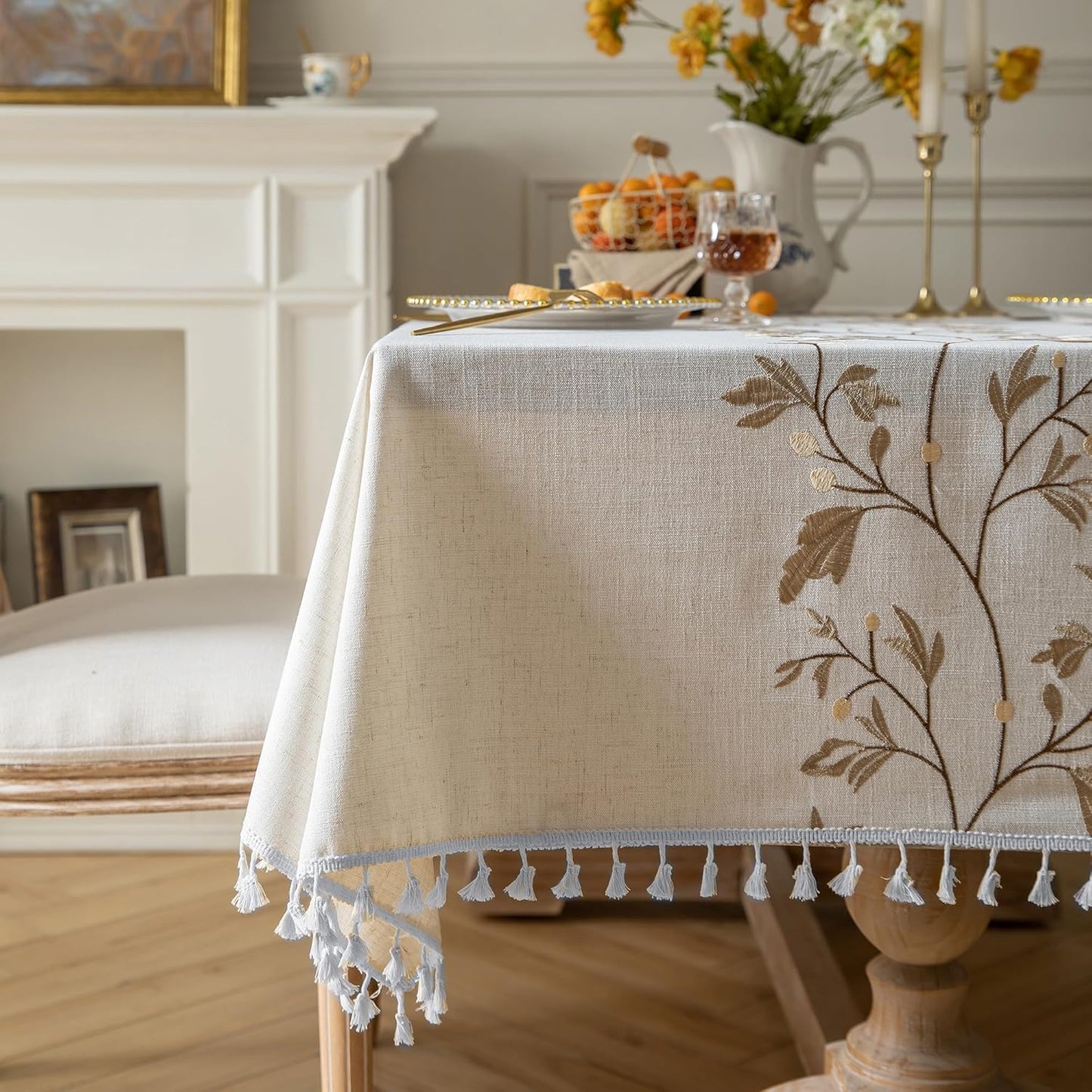 Oubonun Cotton Linen Rectangular Tablecloth - Wrinkle Resistant & Waterproof - Machine Washable Table Cloth with Tassels for Kitchen & Dining, 55''x120'', 10-12 Seats