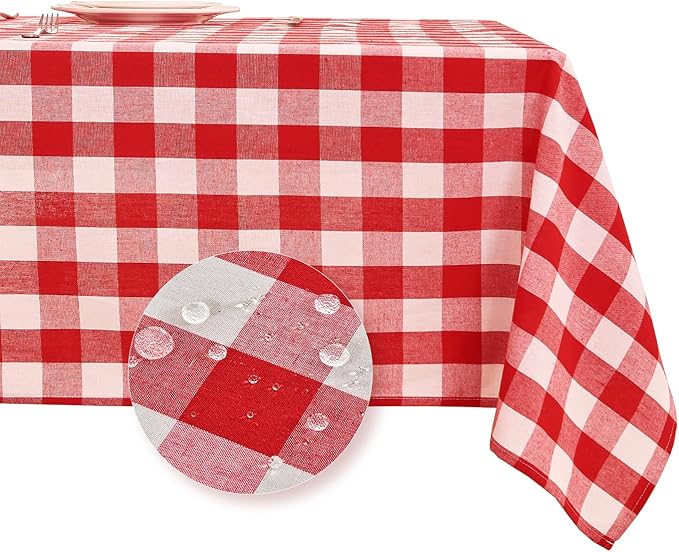 BALCONY & FALCON Rectangle Gingham Table Cloth – Water-Resistant Cotton Blend, Spill-Proof & Washable Checkered Tablecloth for Kitchen, Dining, Picnic, Party (Red White, 55x71 Inch)