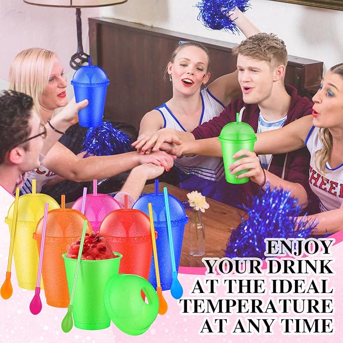 6 Set Slushie Cups with Dome Lids and Straws Detachable Spoon Straws Reusable Plastic Iced Coffee Cups Smoothie Tumbler for Birthdays Summer Party Supplies (Mixed Color,16 oz)