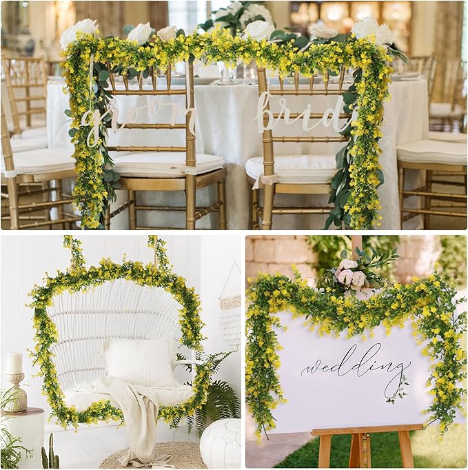 RECUTMS Hanging Garland Plants Artificial Eucalyptus Garland Fake Hanging Eucalyptus Leaf Garlands with Flowers Faux Vine Plants for Indoor Outdoor Spring Thanksgiving Wall Arch Wedding Decor(Yellow)