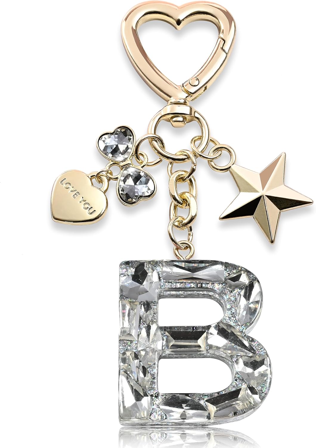 Cute Bling Keychain initial Letter Butterfly Star Pink Purple Gift for Women Girls Bag Cup Charms Accessories