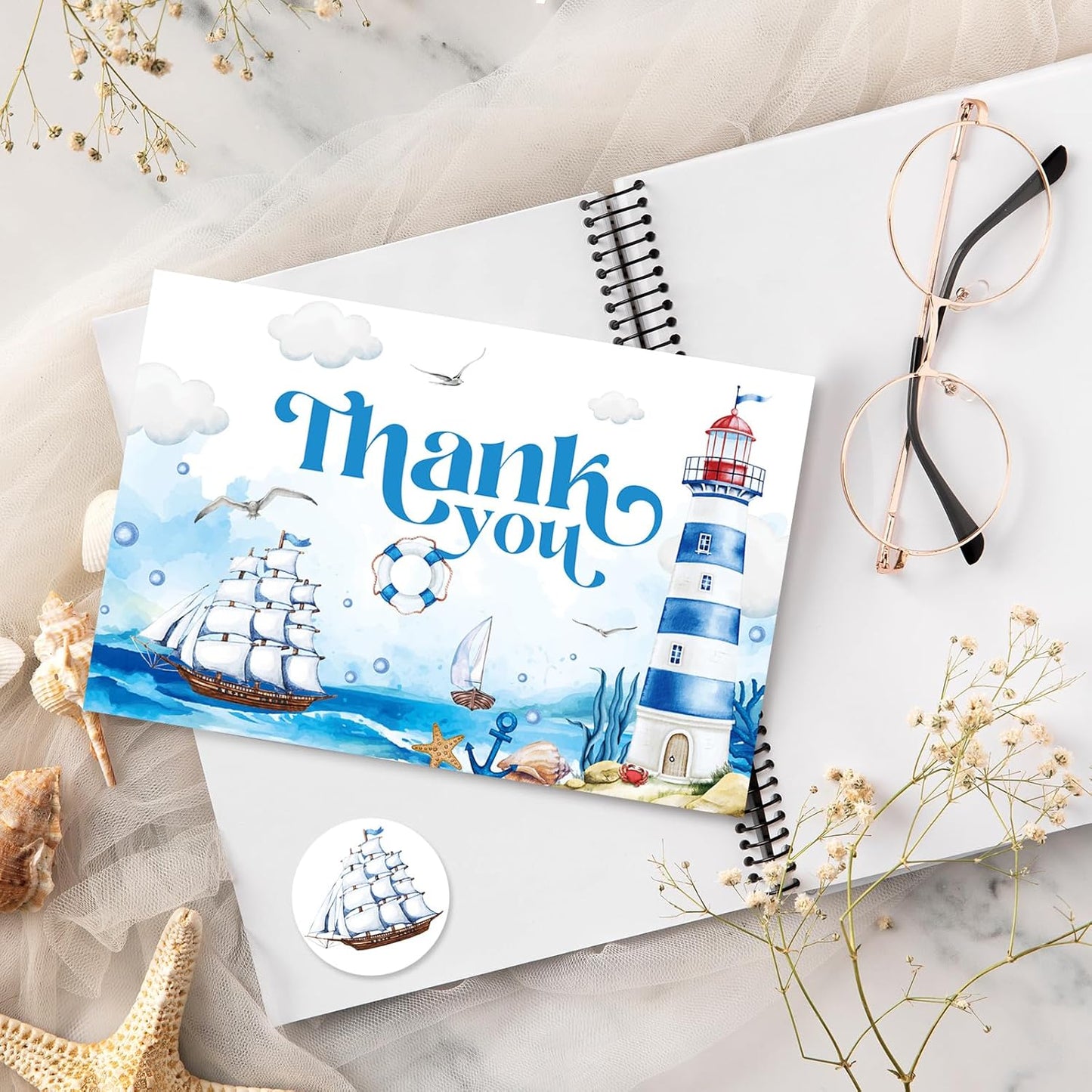 Whaline 24 Pack Nautical Thank You Cards Summer Blue Sea Lighthouse Ship Note Cards with Envelopes Stickers Marine Greeting Blank Cards for Birthday Baby Shower