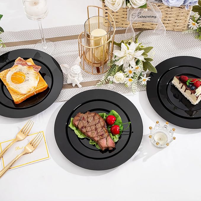100PCS Black Plastic Plates, 10 Inch Disposable Dinner Plate Party, Heavy Duty Disposable Plastic Plates for Party, Wedding and Birthday