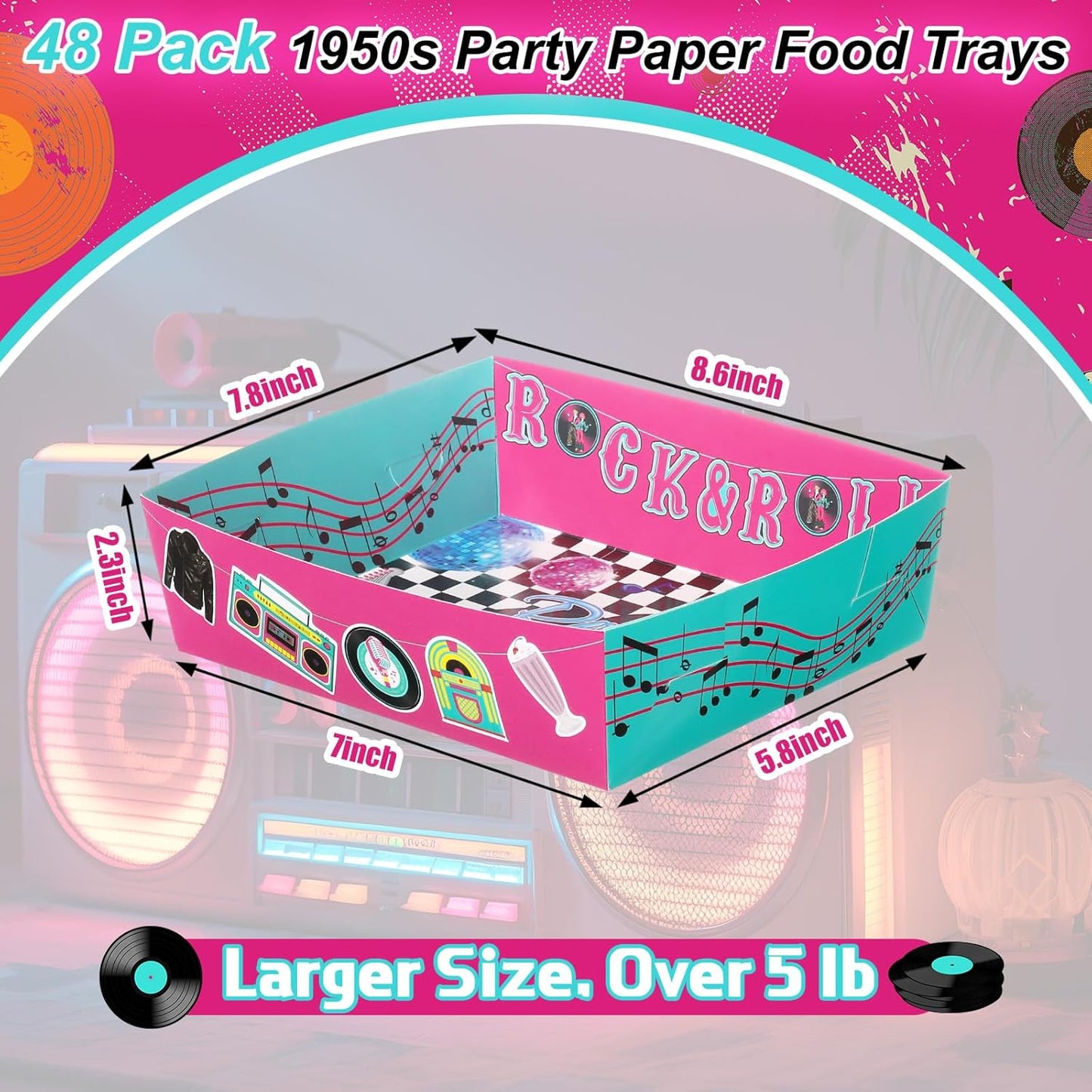 Layhit 48 Pcs 1950s Party Supplies 5 lb Food Boats Large Paper Serving Trays Burger Fries Hot Dog Taco BBQ Popcorn for Rocking Music Sock Hop Birthday 1950s Theme Party