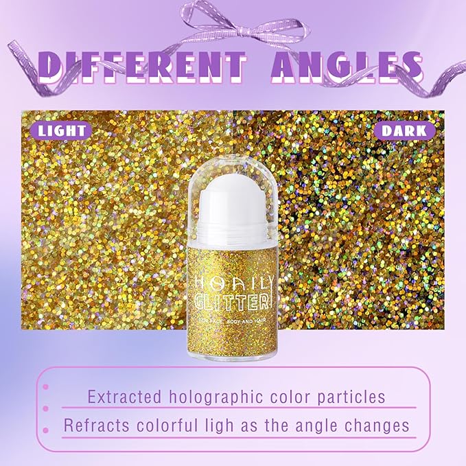 HOSAILY Roll-on Holographic Body Glitter Gel for Face Hair, Chameleon Color Changing Glitter Gel Under Light, Chunky Mermaid Sequins Festival Party Rave Accessories Shimmer Makeup (Gold)