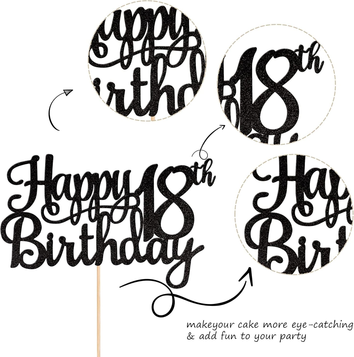 1 PCS Happy 18th Birthday Cake Topper Glitter Cheers to 18 Years Birthday Cake Pick 18 Fabulous Cake Decoration for Happy 18th Birthday Theme Party Decorations Supplies Black