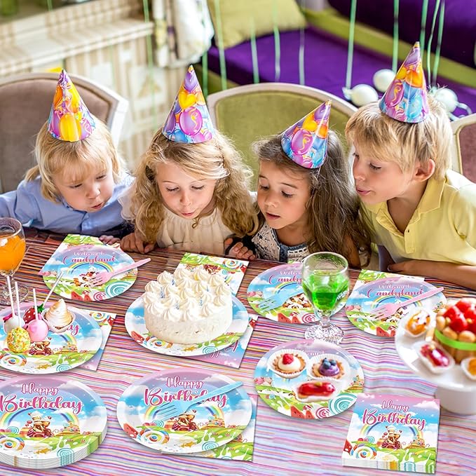 96Pcs Candyland Party Supplies Candyland Birthday Paper Plates Napkins Disposable Candy Land Party Decorations Sweet Candy Dinnerware Party Favor for Baby Shower Birthday Party Tableware Serves 24