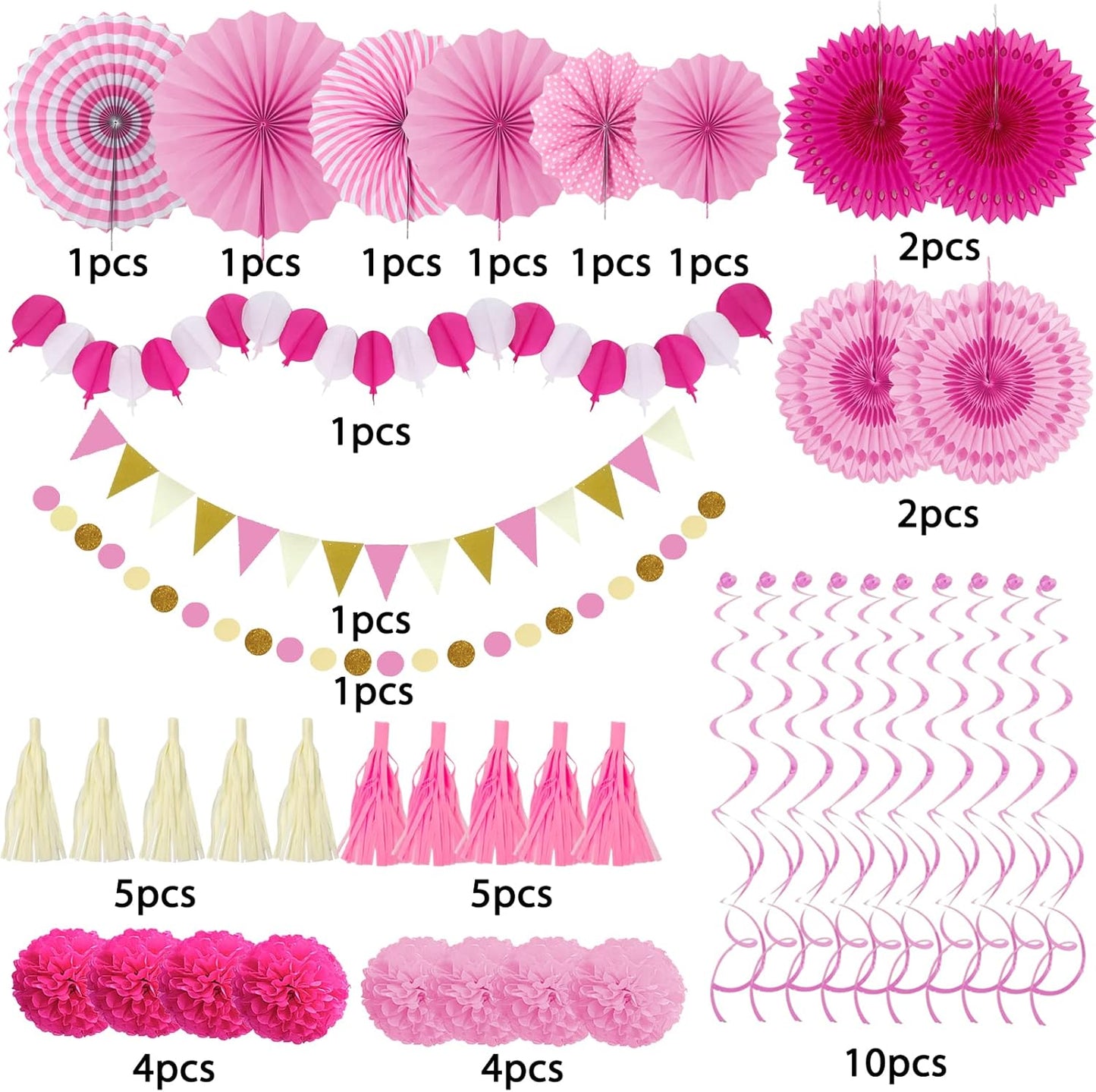 ZERODECO Party Decorations, 41 Pcs Pink Papar Fans Pompoms Garlands String Tissue Paper Tassel for Fiesta Home Bridal Baby Shower Wedding Boy Girl Birthday Party
