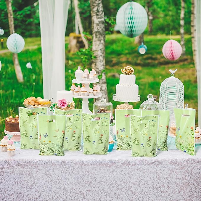 Herb Flower Party Favor Bags - 50Pcs Plastic Herb Wildflowers Candy Goodie Treat Gift Bag with Handles Rustic Farmhouse Floral Wedding Birthday Party Supplies Baby Shower Decor