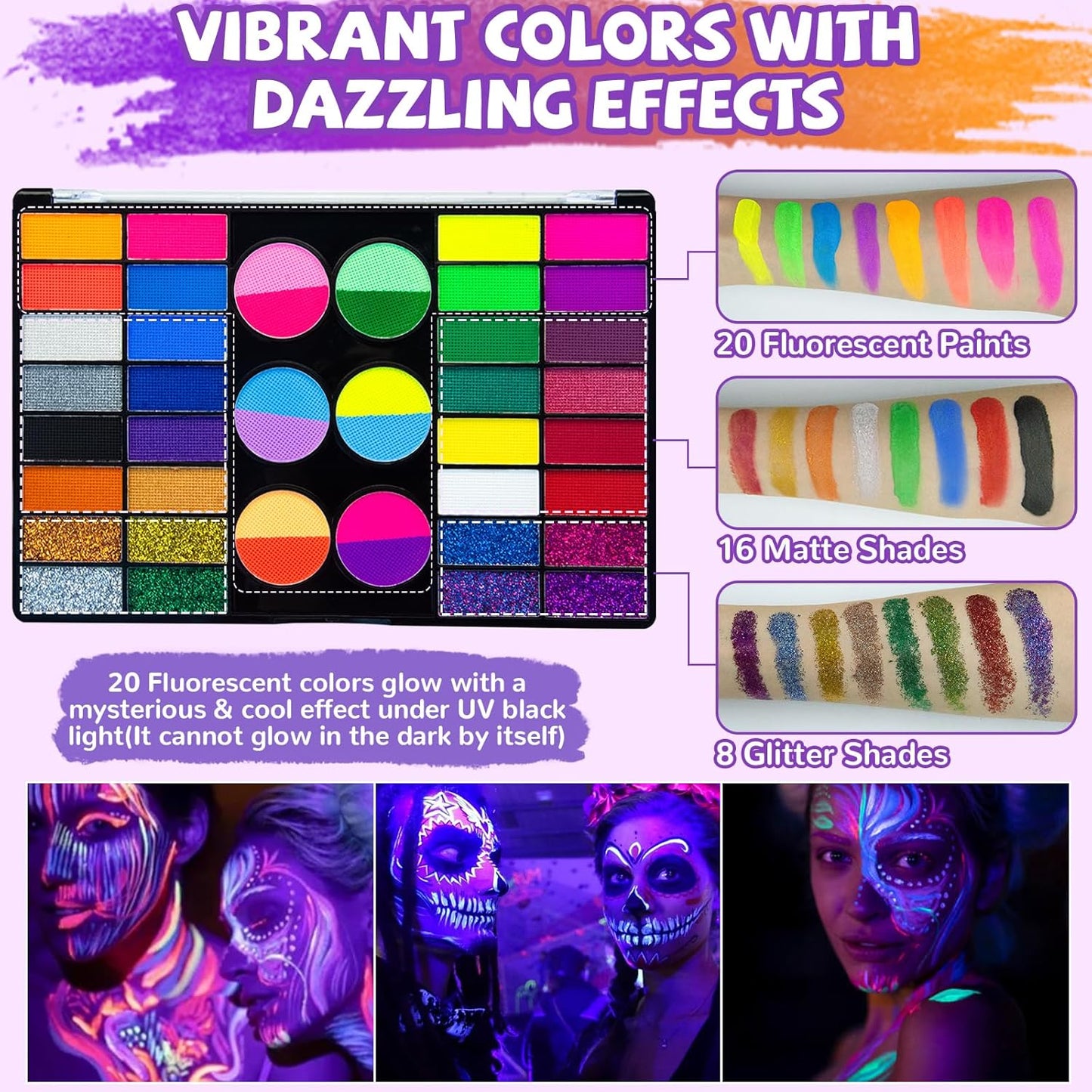 Professional Face Painting Kit for Kids – 44 Color Water Activated Facepaint Makeup Kit, Non-Toxic face Paint with Stencils, Gems, Brushes– for Halloween, Parties, Carnival, School Event & Festivals
