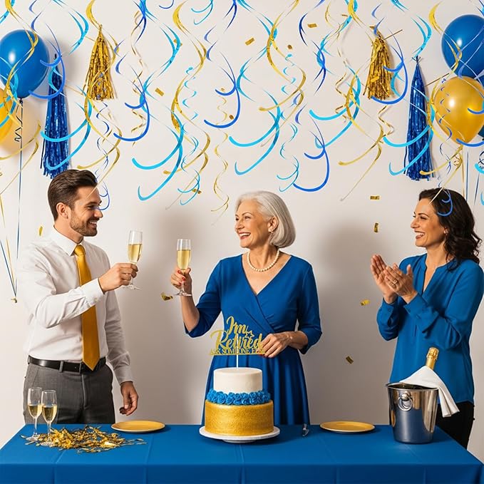 BEISHIDA Blue Blue Gold Hanging Swirls Party Decorations Plastic Streamer for Ceiling, Baby Shower Retirement Birthday Graduation Party Supplies, Pack of 20