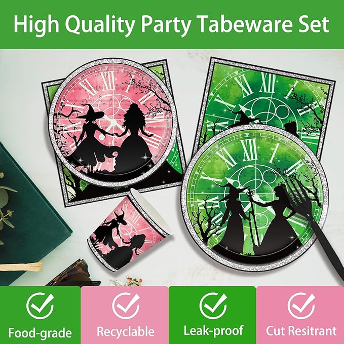 169Pcs Pink and Green Witch Birthday Decorations, Include Plates Napkins Cups Banner Knives Forks Spoons, Serve 24
