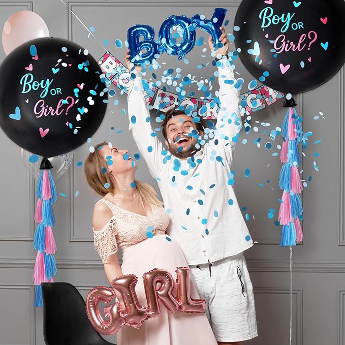 RUBFAC Gender Reveal Balloon Kit, 2pcs 36" Jumbo Black Baby Boy or Girl Balloons with Heart Shaped Paper Confetti, Blue Pink Balloons and Tassels for Baby Shower Gender Reveal Party