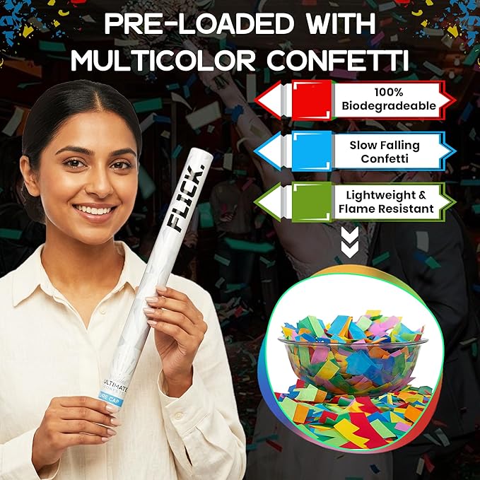Ultimate Confetti - 8 Pack Multicolor Confetti Wands - Handheld 14" Biodegradable Tissue Paper Confetti Flick Sticks For Wedding, Birthday, Parties & Live Events - 2 Handfuls, 1.5 oz Each Stick