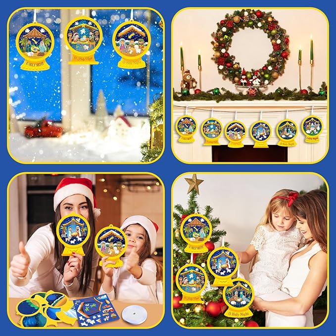 Frienda 48 Set Christmas Shaking Nativity Snow Globe Craft Kit Make a Jesus Birth Snowglobe Stickers Ornament Bulk with Glitter Sequins Papers for Xmas Tree Decor Religious Classroom Game Activities
