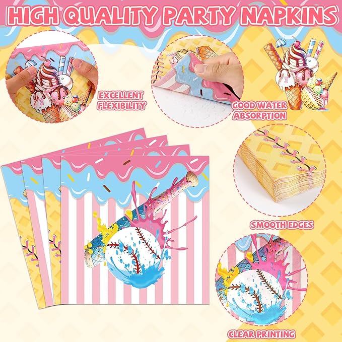 96PCS Ice Cream Drip Baseball Paper Plates and Napkins Sport Theme Birthday Camping Party Supplies Baseball Ice Cream Plates Sport Tableware Set for 24 Guests Birthday Gatherings Decoration