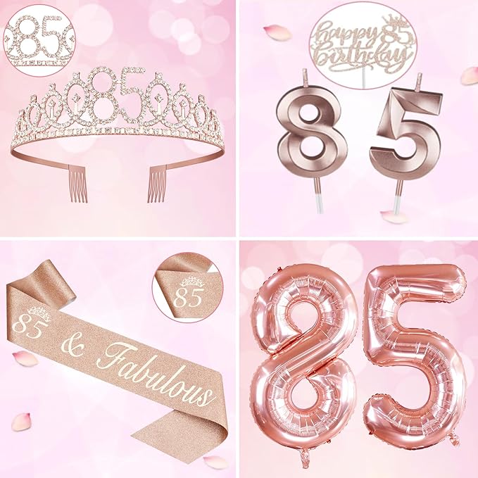 85th Birthday Party Decorations, Including 85th Birthday Sash and Crown, Cake Topper and Candles, Number Balloons, 85 Year Old Decorations Gifts Idea