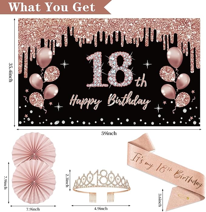 18th Birthday Decorations for Girls, 33pcs Black Rose Gold Happy 18th Birthday Banner 18 Birthday Crown and Sash Balloons Backdrop Hanging Swirls Paper Fans, 18 Years Old Party Supplies Kit