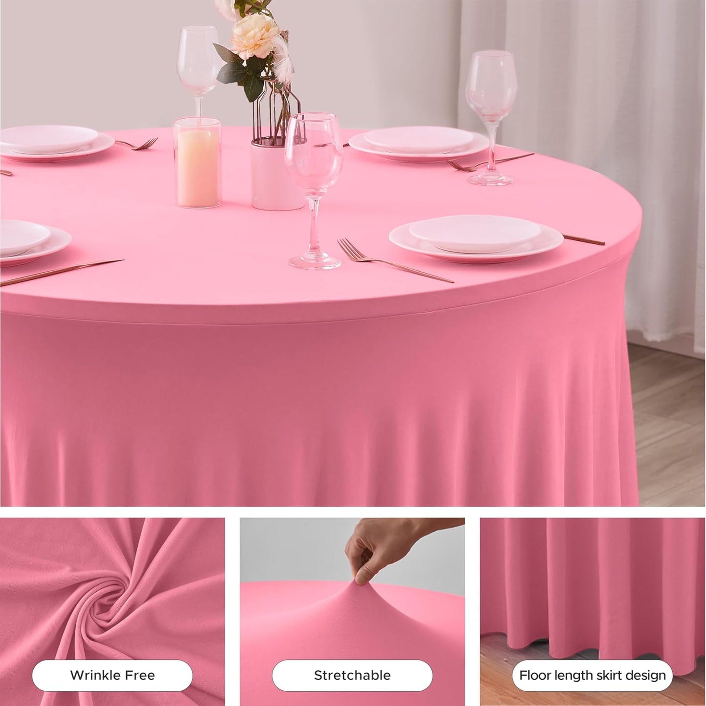 HolidayIdeas 60 Inch Pink Spandex Round Table Skirts,Fitted Stretch Tablecloths for Round 5 ft Table, Wrinkle-Free Ruffle Design Tablecloths for Banquets,Trade Shows, Parties, Events, 6 Pcs