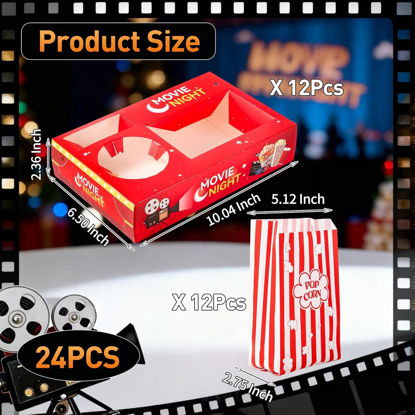 24Pcs Movie Night Supplies Disposable Paper Movie Snack Trays (12ct) and Retro Style Large Capacity Popcorn Bags(12ct), Drink & Candy Snack Boxes for Cinema Family Birthday Parties