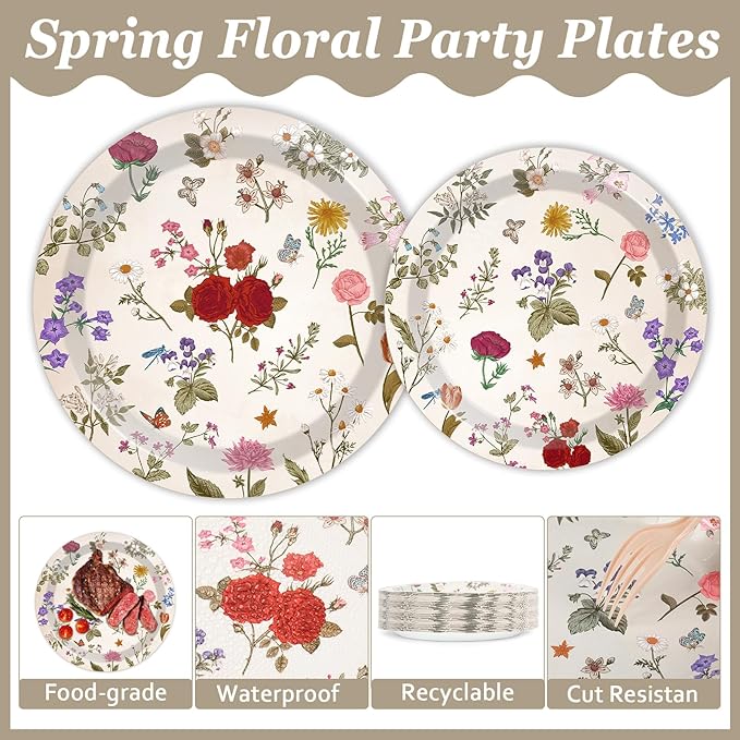 OBUSATT 96Pcs Wild Floral Party Supplies Wild Floral Paper Plates Napkins Spring themd Flowers Party Decorations Tea Dinnerware Favor Birthday Wedding Bridal Shower Baby Shower Tableware Serves 24